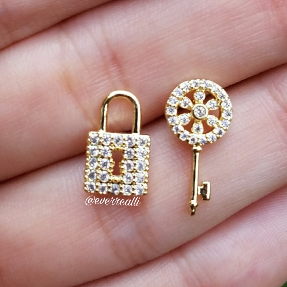 Gold Micro Pave Lock and Key Earrings - Picture 3 of 3